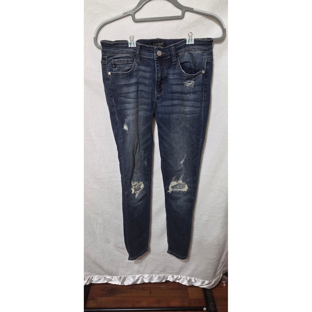 Judy Blue Distressed Denim Jeans Dark Wash Raw Hem Stretch Size 11/30